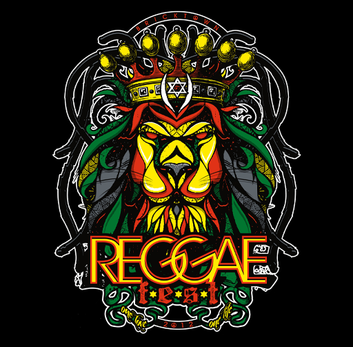 Colorful illustration of a lion's face with reggae theme, including dreadlocks, a star, and musical elements, with the text "REGGAE fest" at the bottom. Bricktown Reggae Festival. OKC.