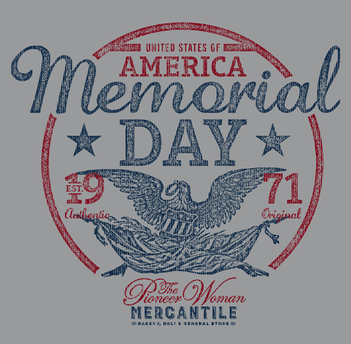 The Pioneer Woman apparel design for Memorial Day logo with an eagle and patriotic colors, celebrating American Memorial Day in 1971, featuring red, white, and blue text.