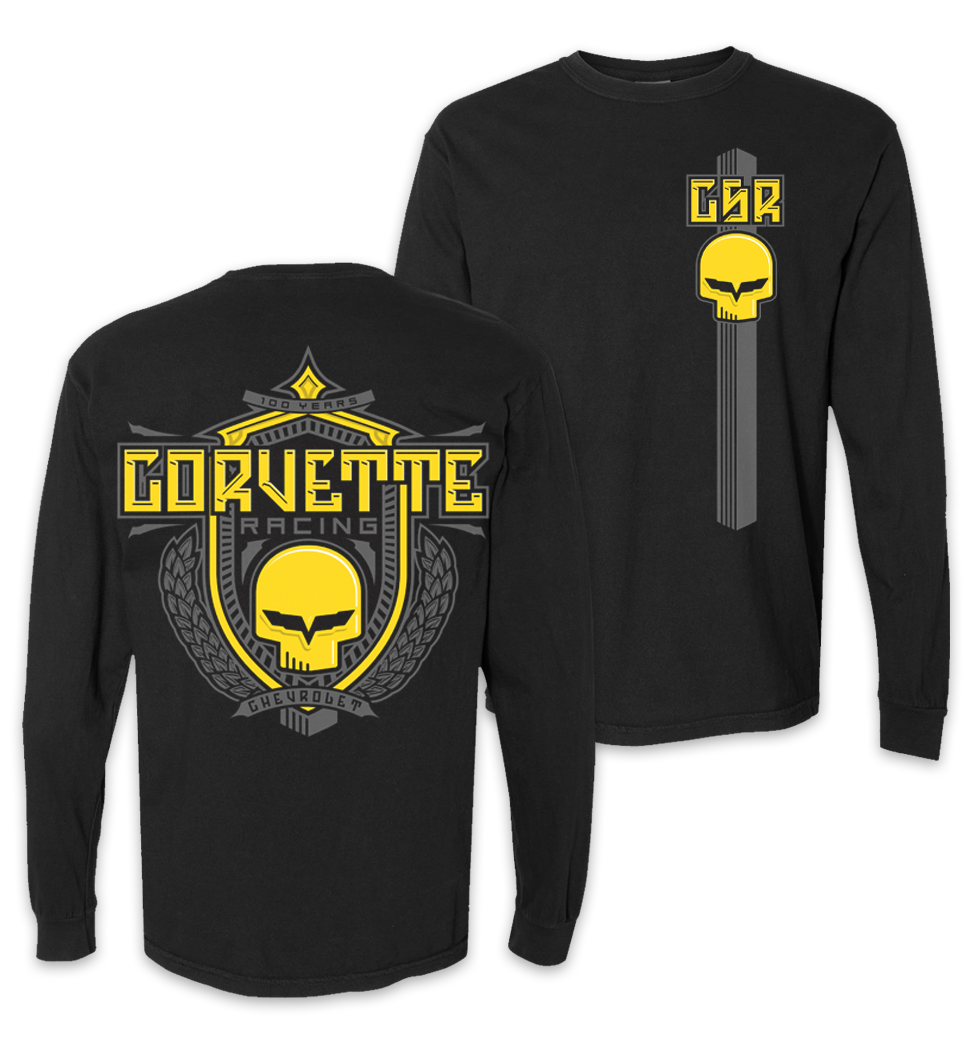 Black long sleeve Chevrolet Racing shirt with CORVETTE logo, yellow skull emblem, and racing-themed graphics.