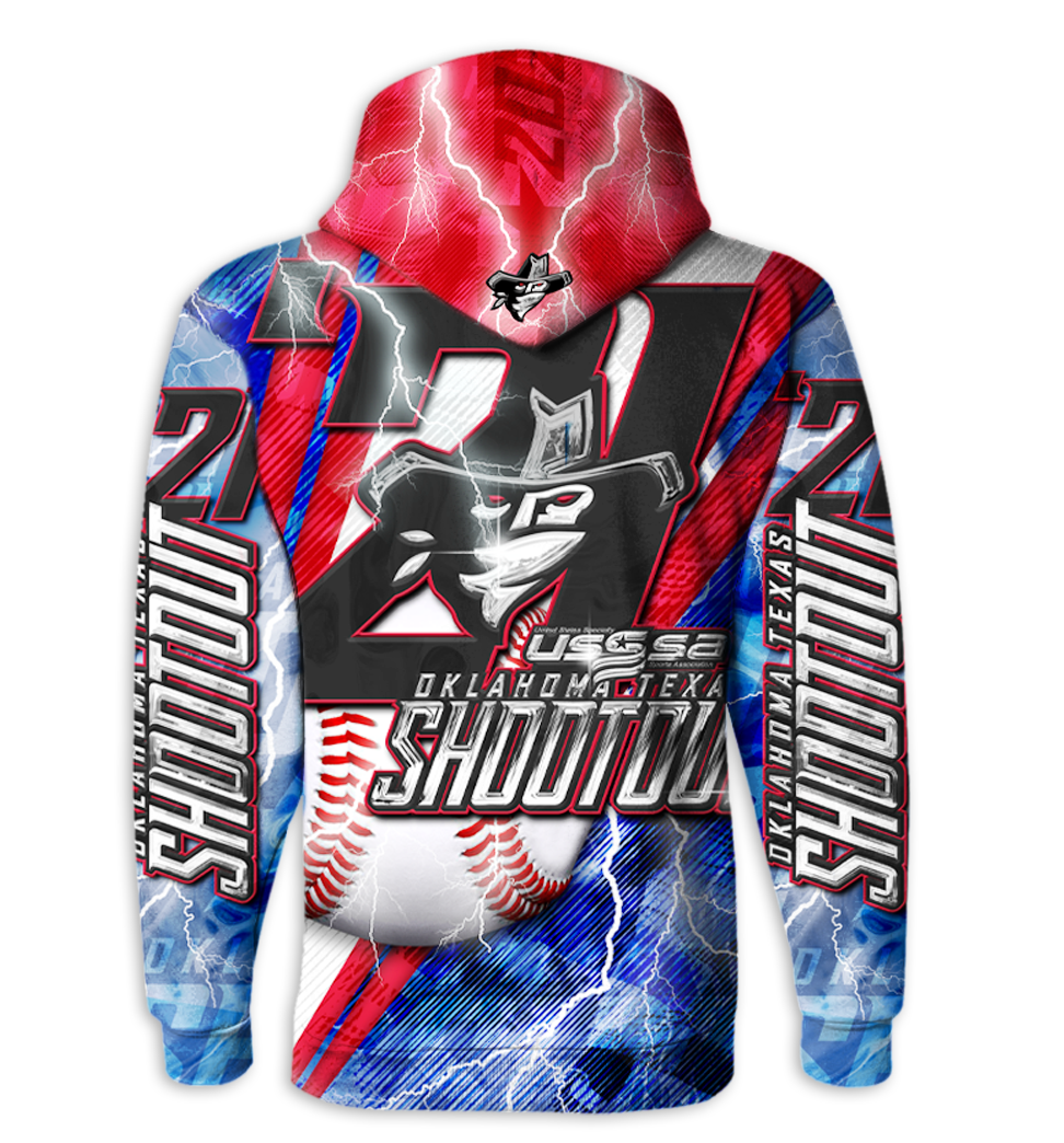 A hoodie with USSSA Baseball theme, featuring bold graphics, lightning effects, and red, white, and blue colors celebrating Oklahoma and Texas Shootout.  The number 22, and the word "SHOWTIME" prominently displayed.