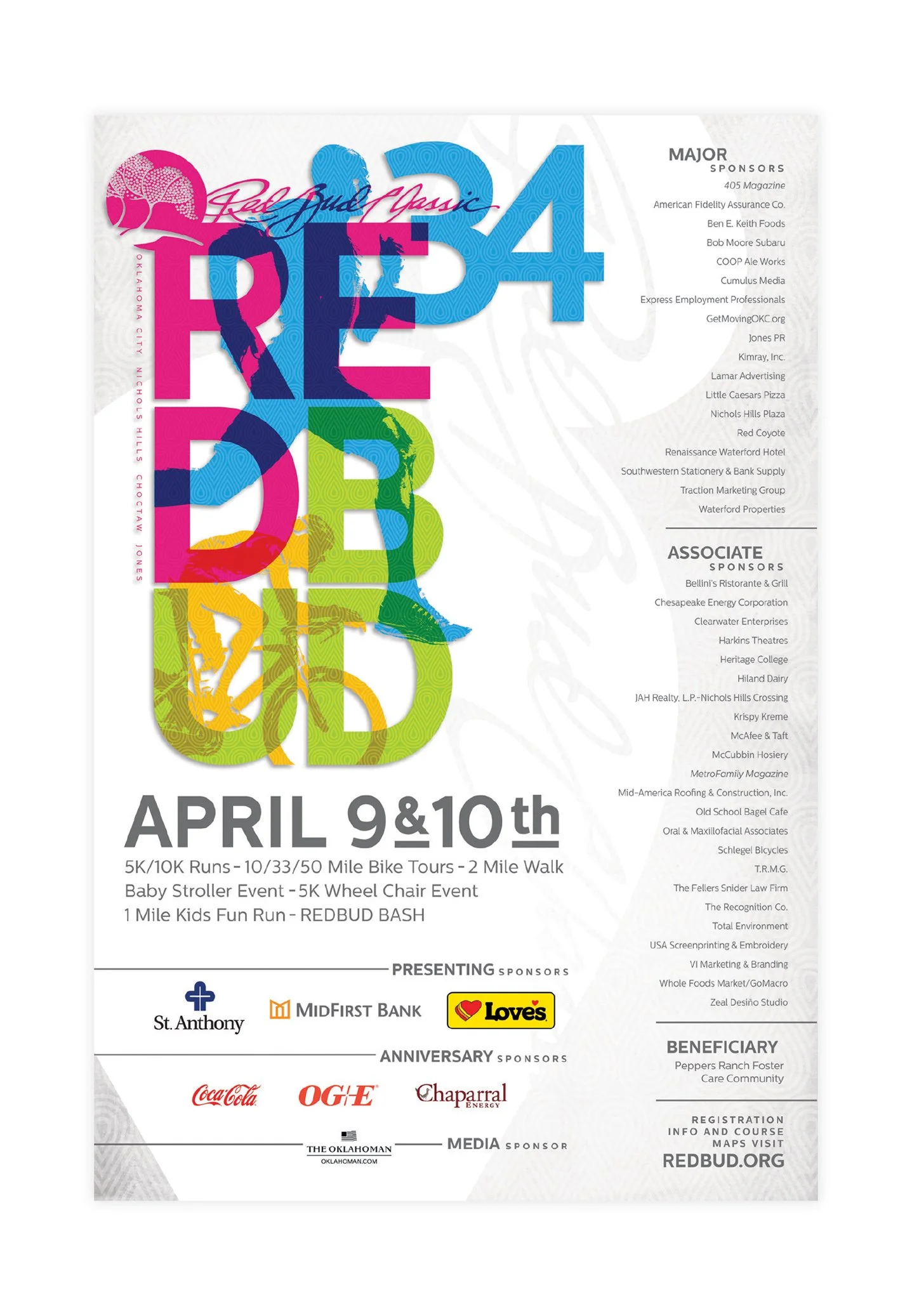 RedBud Classic event poster with colorful overlapping numbers and text promoting an April 9th and 10th event in Oklahoma City featuring runs, bike tours, walk, and kid's fun run. Includes sponsors, beneficiaries, and media logos.