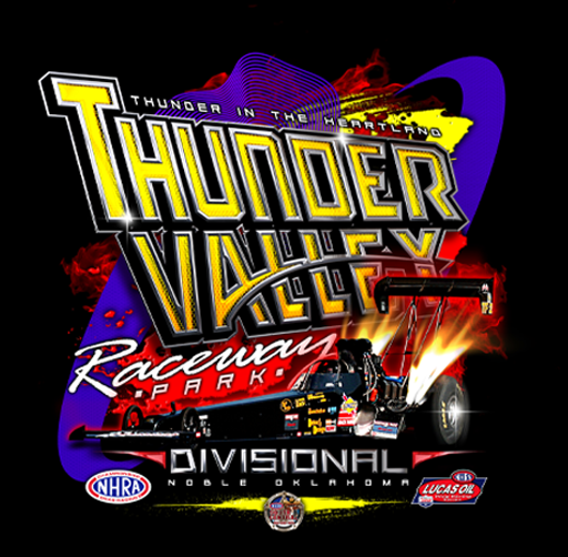 Event apparel design for Thunder Valley Raceway drag racing event, featuring a race car, flames, and event logos.