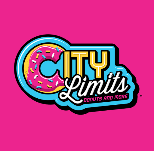 Logo for City Limits Donuts and More featuring a pink frosted donut with rainbow sprinkles and bold, colorful text on a pink background.