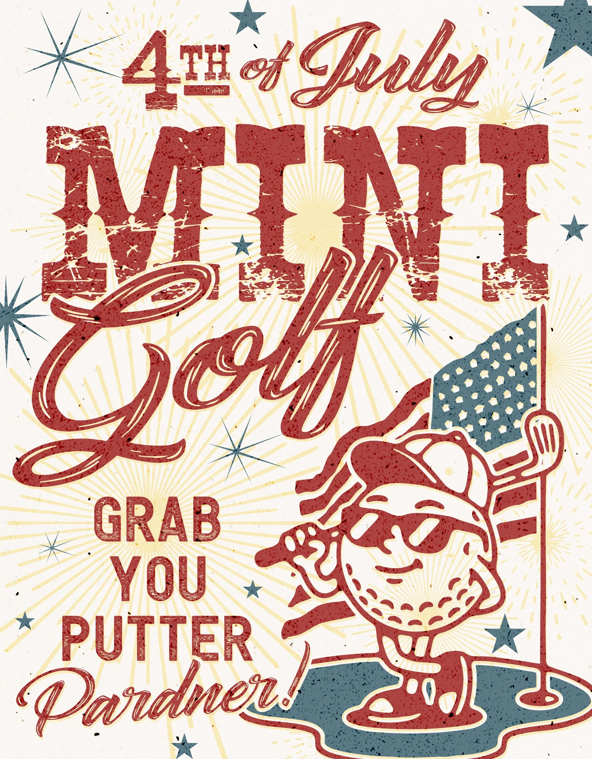 Vintage-style poster celebrating the 4th of July with a patriotic color scheme, stars, fireworks. The Pioneer Woman Pawhuska Oklahoma