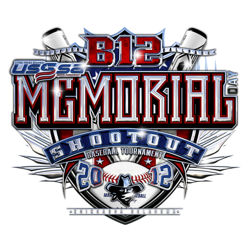 Design for the 2012 B12 USSSA Memorial Day Shootout baseball tournament, Ohio, featuring logos, text, and patriotic graphics.
