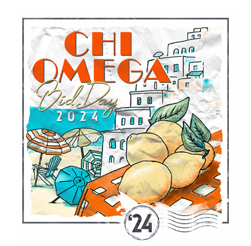 Apparel design illustration of a vacation scene with umbrellas, chairs, and a building resembling Santorini, Greece, alongside peaches and green leaves. Text reads 'Chi Omega Bid Day 2024' with a small stamp marked '24'.