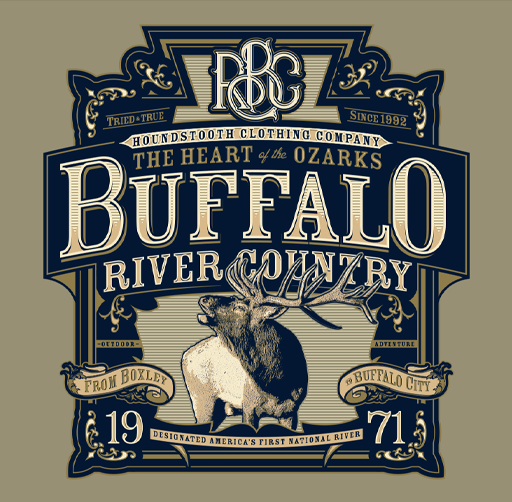 Apparel design for Houndstooth Clothing Co. of a Buffalo River Country clothing logo featuring an elk and decorative elements, with text highlighting Buffalo River, the Ozarks, and the year 1971.
