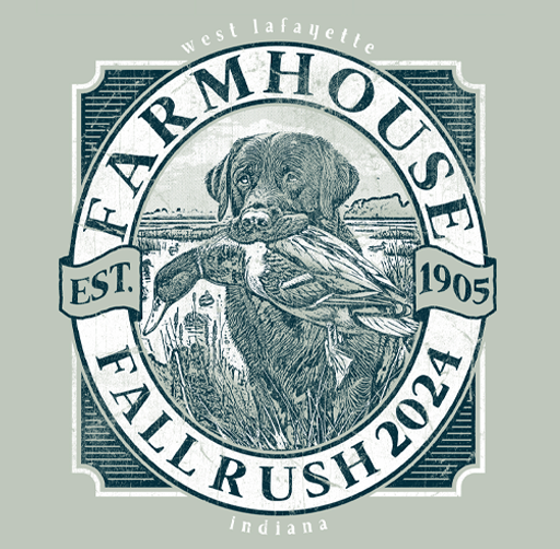 Apparel design featuring a dog holding a duck in its mouth, with text indicating 'Farmhouse Fall Rush 2024, West Lafayette, Indiana, established 1905'.