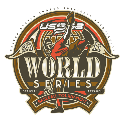 USSSA Baseball World Series featuring a baseball player in a red uniform with a raised arm holding a baseball, and the text 'USA Baseball World Series' along with the year 2011 and mentioning 'Official Apparel' and 'Baseball Tournament'.