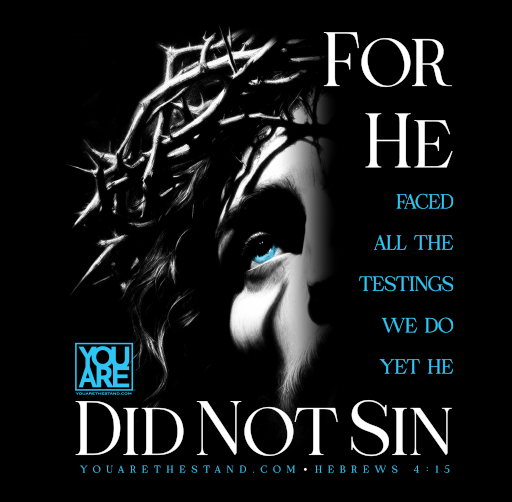 "YOU ARE" apparel design of black and white image of Jesus Christ with a crown of thorns, looking upwards, with a blue eye. Text overlay reads: 'Jesus for He faced all the testings we do yet He did not sin.'