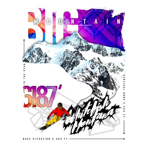 Apparel design of stylized map of Mount Rainier with snow-capped peaks, and graphic text including "Moving Mountain," "187," "Base Elevation 4,464 ft," and "Vertical Drop 2,333 ft." An individual in red winter gear is skiing or snowboarding.