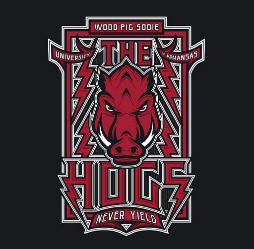 Apparel design featuring a fierce red hog's head with lightning bolt accents, surrounded by text reading 'Woo Pig Sooie University Arkansas,' 'The Hog,' and 'Never Yield.'