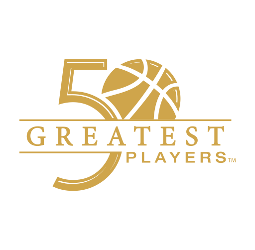 Logo for 50 Greatest Players, featuring a stylized gold number 50 and a basketball graphic with the text 'GREATEST PLAYERS'.