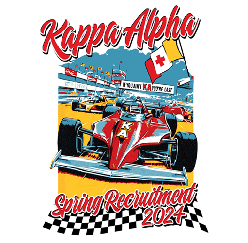 Illustration of a race car and a racing track with flags and a banner that reads 'If you ain't KA you're last.' The text 'Kappa Alpha' and 'Spring Recruitment 2024' are displayed, with a checkered flag pattern at the bottom.