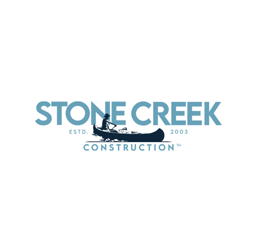 Logo for Stone Creek Construction featuring a person paddling a canoe with the company name and established year 2003.