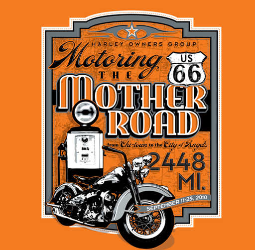 Apparel design featuring an orange background with vintage-style text and illustrations related to Harley-Davidson motorcycle culture, including a motorcycle, road sign, and details about Route 66 and a motorcycle event in September 2010.