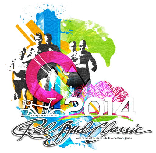 Event design for the 2014 Oklahoma City RedBud Classic, featuring silhouettes of cheerleaders, abstract shapes, and vibrant splashes of color.