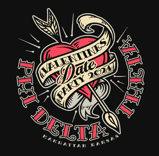 Apparel design featuring a heart pierced by an arrow, with a banner reading 'Valentine's Date Party 2021'. The background is black with decorative lines and text reading 'I Heart My Artist' and 'Manhattan Kansas'.
