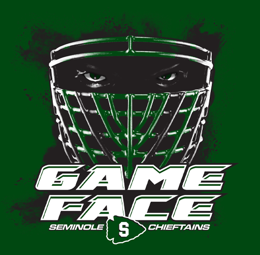 Apparel design featuring a football helmet with intense eyes, green and white colors, and the text "GAME FACE" with "SEMINOLE CHIEFTAINS" below, and an S logo.