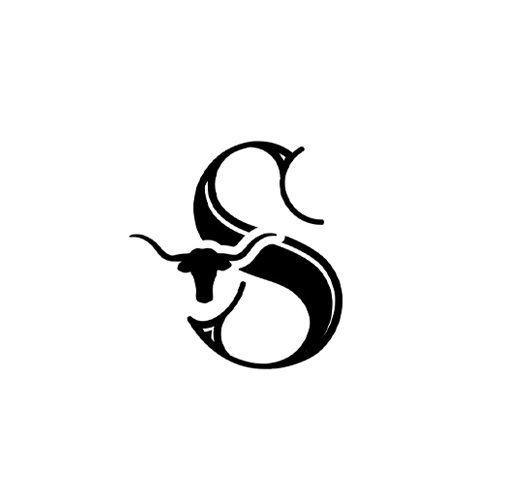 The Pioneer Woman Stylized black letter 'S' with a longhorn skull in the middle.