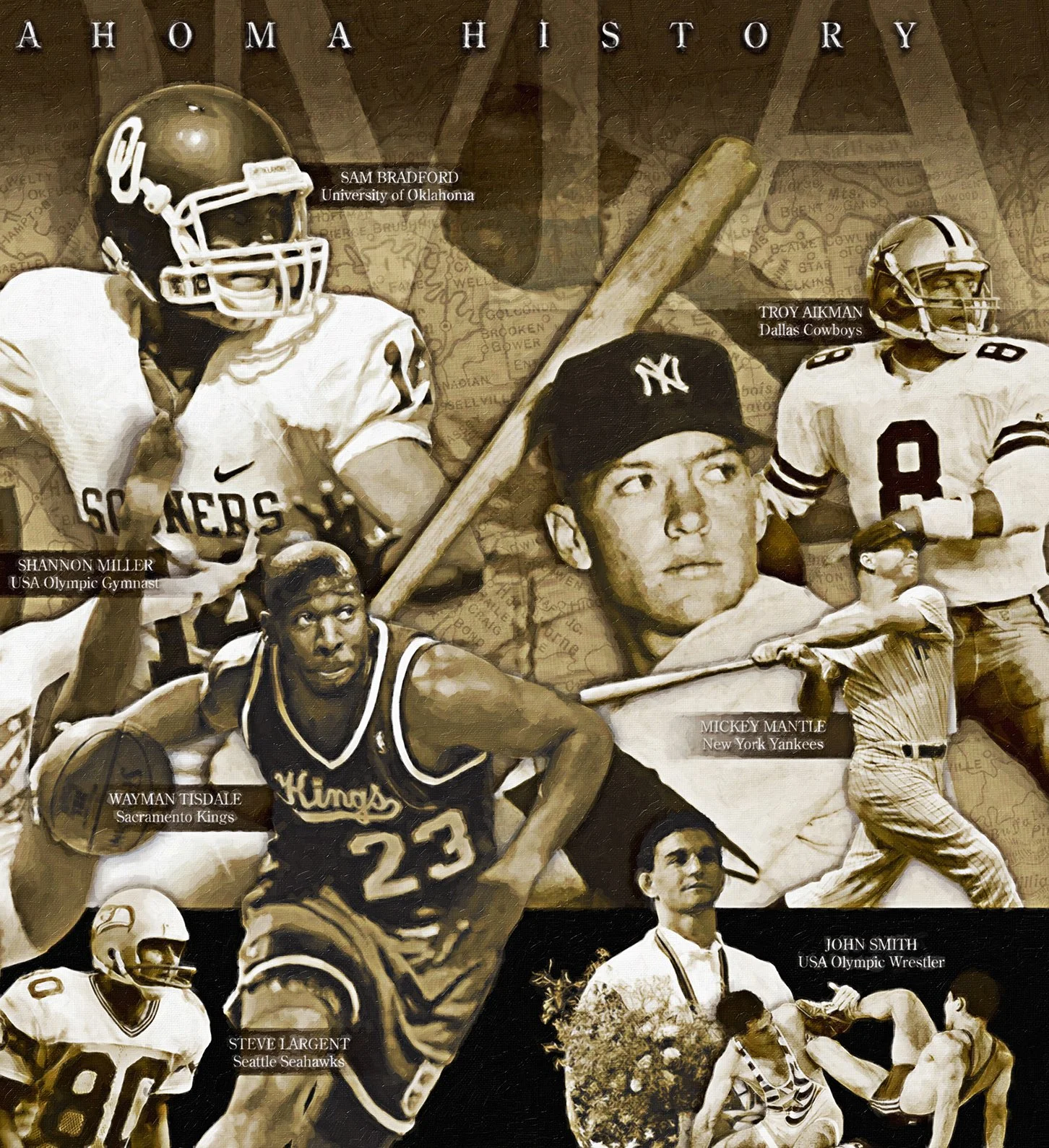 Oklahoma sports figures wall graphic and history with text reading "A Homage to History." Included are images of athletes Shannon Miller, Wayman Tisdale, Steve Largent, Troy Aikman, Mickey Mantle, and John Smith.