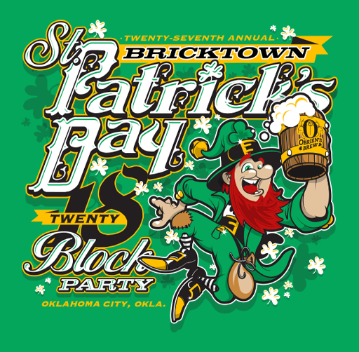 Bright green background poster promoting the 27th Annual Bricktown St. Patrick's Day Block Party in Oklahoma City, Oklahoma. Features a cartoon leprechaun with a red beard, green outfit, and black shoes, holding a beer mug labeled 'O'Brien's & Brew,' surrounded by shamrocks and festive text.