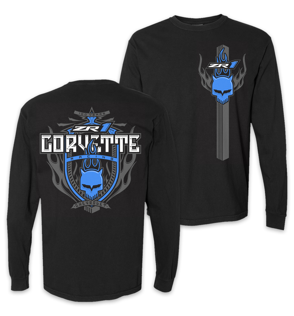 Black long-sleeve shirt with graphics and text celebrating Chevrolet Corvette Racing, featuring a skull and flame design in blue and gray on the front and back.