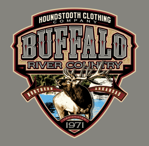 Apparel design for Houndstooth Clothing Company featuring a deer, Buffalo River, and Northern Arkansas, established in 1971.