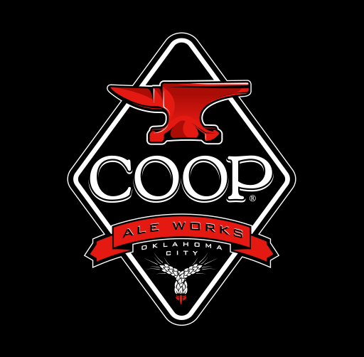 Coop Ale Works logo with a red anvil and a barley wheat stock, featuring text for Oklahoma City