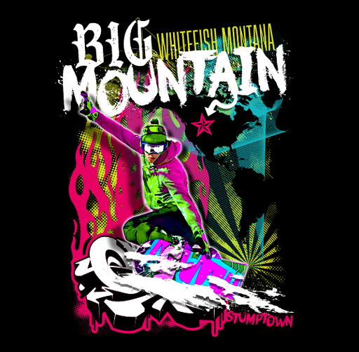 Apparel design of colorful, graffiti-style illustration of a snowboarder in green and purple performing a trick, surrounded by vibrant abstract background patterns. "Big Mountain" and "Whitefish Montana," with additional smaller text."}