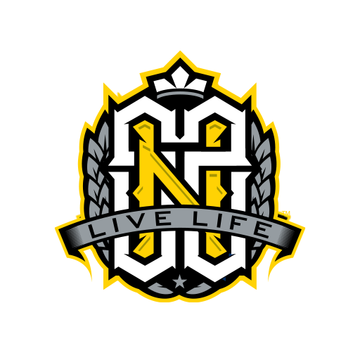 A logo featuring a black, white, and yellow shield-like design with a crown on top, a banner with the words "Live Life" across the center, and the letters "S", "N" and "S" incorporated into the design.