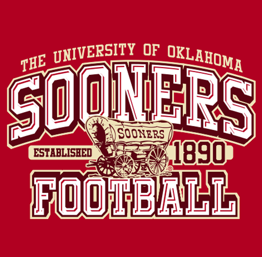 University of Oklahoma Sooners football logo with a red background, showing a wagon, established in 1890.