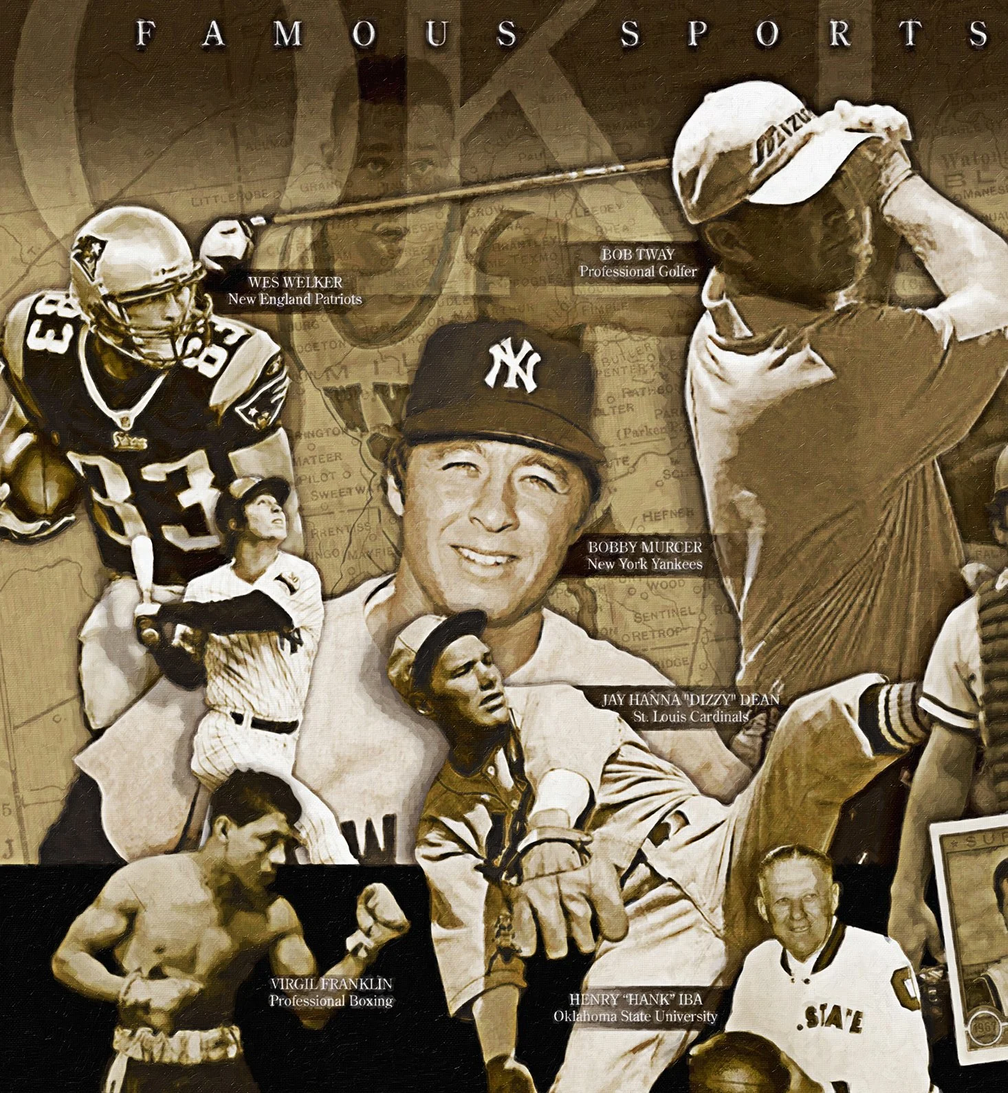 Collage of famous Oklahoma sports figures, including football players, a golfer, a boxer, a baseball catcher, a gymnast, and a coach, with labels identifying them.