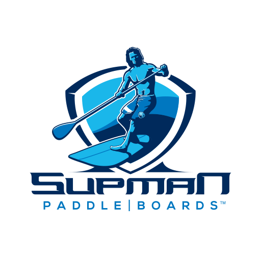 Illustration of a person paddleboarding on water, with a shield emblem and the text 'Supman Paddleboards' below.