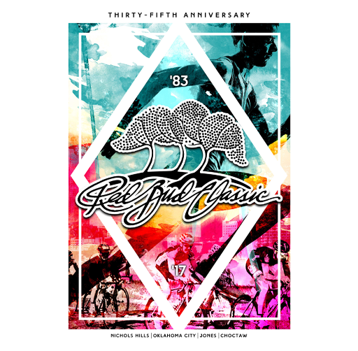 Graphic design poster for the RedBud Classic running and cycling event, celebrating its 35th anniversary in 2018. Features a colorful watercolor background, a silhouette of a cyclist, and stylized trees and cyclists at the bottom.