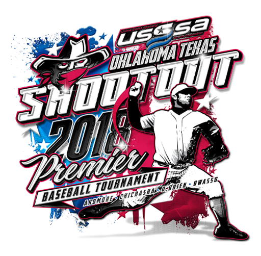 Apparel design promoting the USSSA Oklahoma Texas Shooutout 2018 Premiere Baseball Tournament with a baseball player silhouette, a cat wearing a hat, and vibrant red, blue, black, and white colors.
