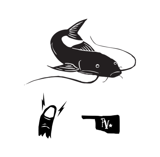 Okie Noodling logo icons in black and white illustration of a catfish, a pointing finger with lightning bolts, and a pistol with a star on it.