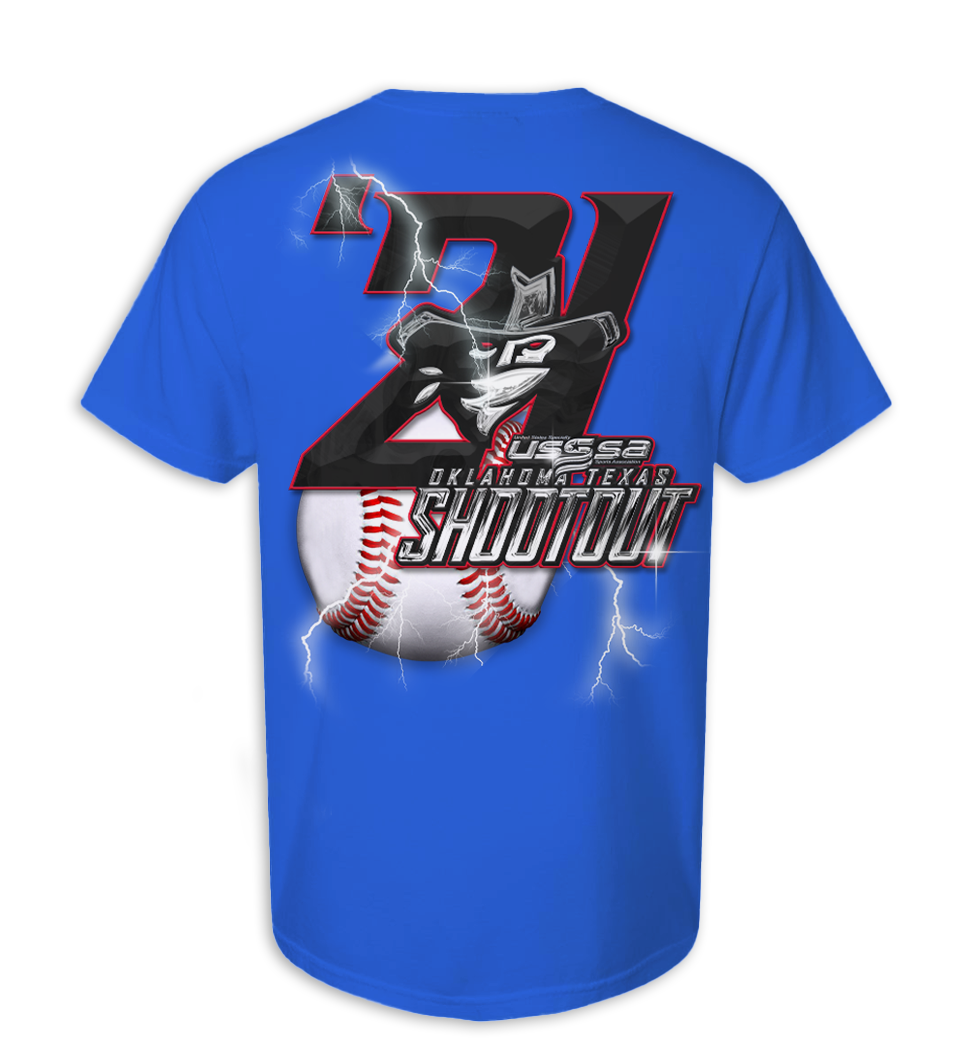Blue T-shirt with a graphic design featuring a baseball, lightning bolts, a motorcycle, and text celebrating a youth baseball event in Oklahoma, Texas.
