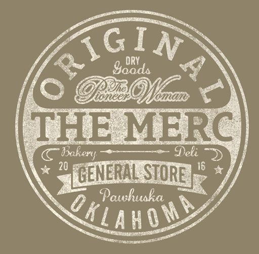 The Pioneer Woman apparel design of circular vintage-style logo with text for 'Oriana The Merc General Store' in Oklahoma, established in 2016, featuring words like 'bakery', 'deli', and 'Pawhuska'.