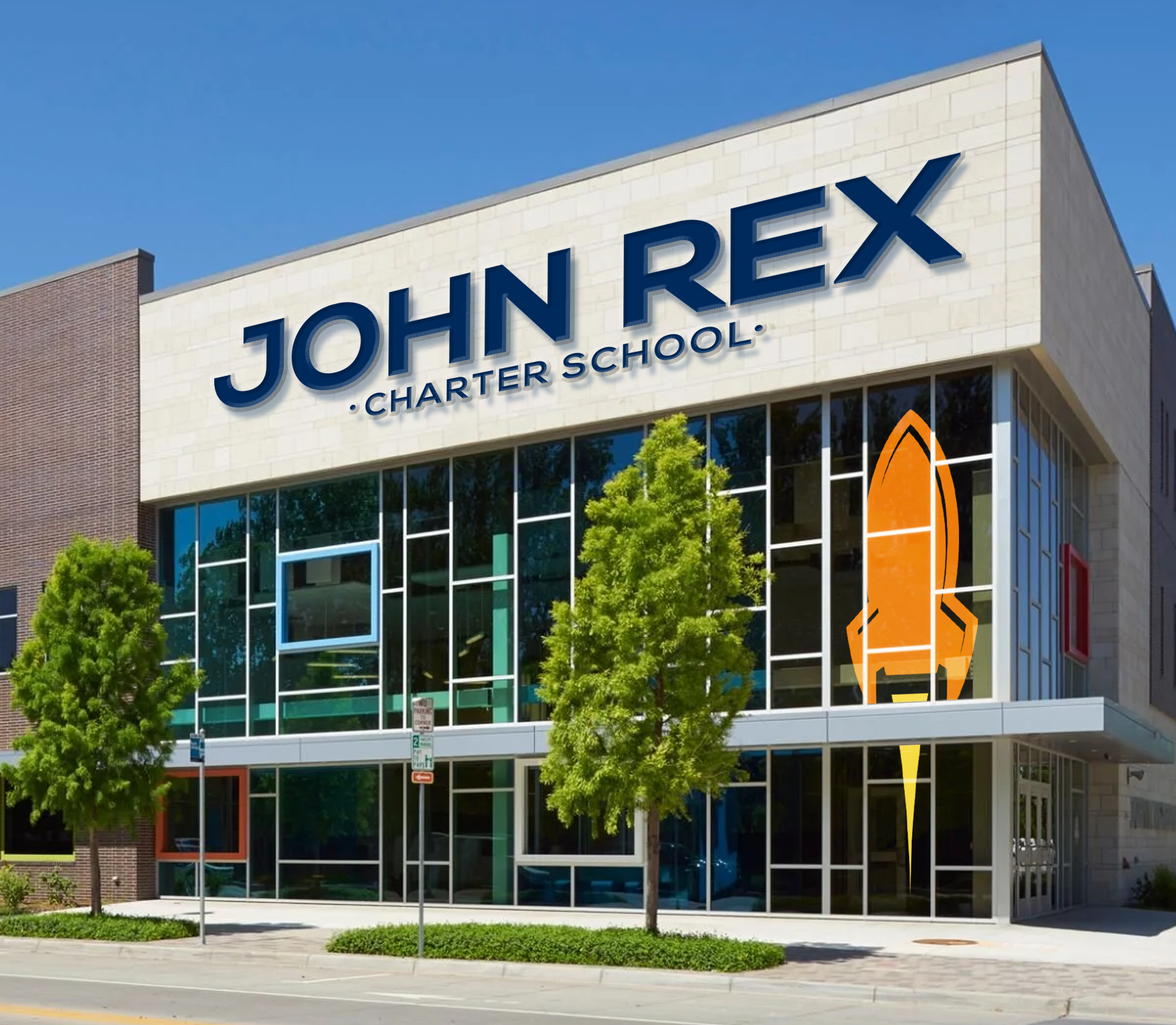 Modern building with large glass windows and a sign reading 'John Rex Charter School'. Green trees tall in front, parking signs along the street, clear blue sky.