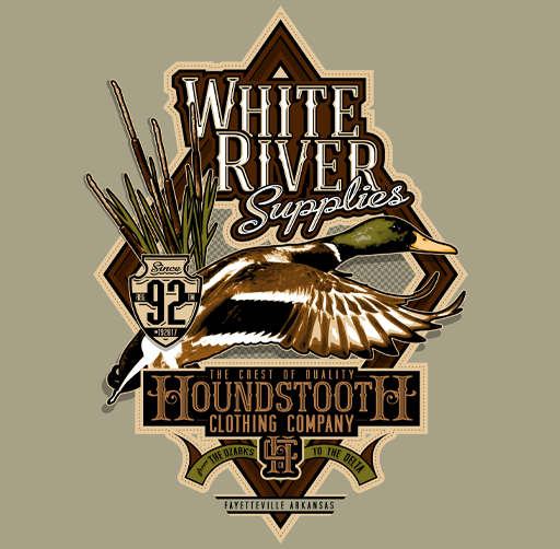 Apparel design for Houndstooth Clothing Co., vintage-style illustration promoting White River Supplies, a clothing company established in 1992, featuring ducks, duck feathers, and a badge indicating Fayetteville, Arkansas.