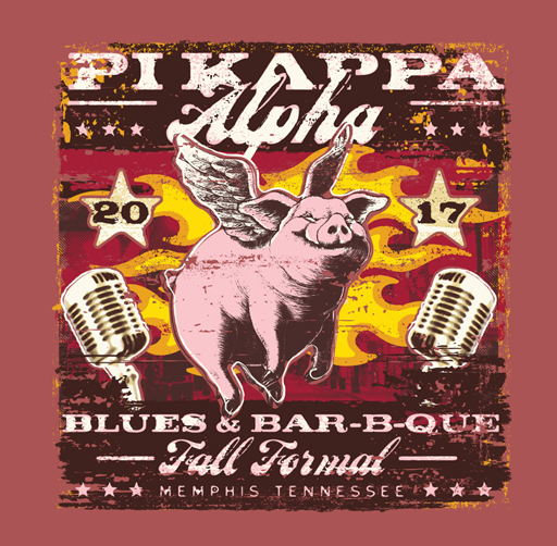 Apparel design for Pi Kappa Alpha 2017 Blues & Bar-B-Q festival in Memphis, Tennessee, featuring a flying pig with angel wings, flames in the background, two vintage microphones, and stars.