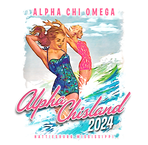 Apparel design of illustration of two smiling women in swimsuits at the beach with waves in the background, promoting the 2024 Alpha Chisland event in Hattiesburg, Mississippi.