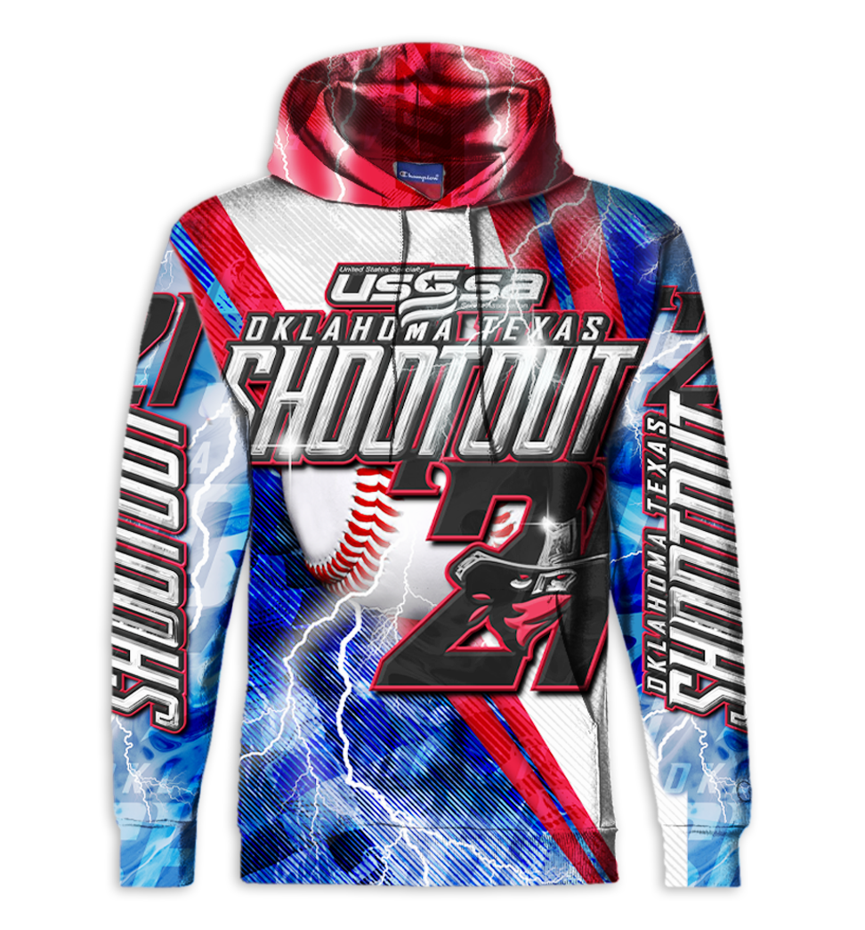 A hoodie with USSSA Baseball theme, featuring bold graphics, lightning effects, and red, white, and blue colors celebrating Oklahoma and Texas Shootout.
