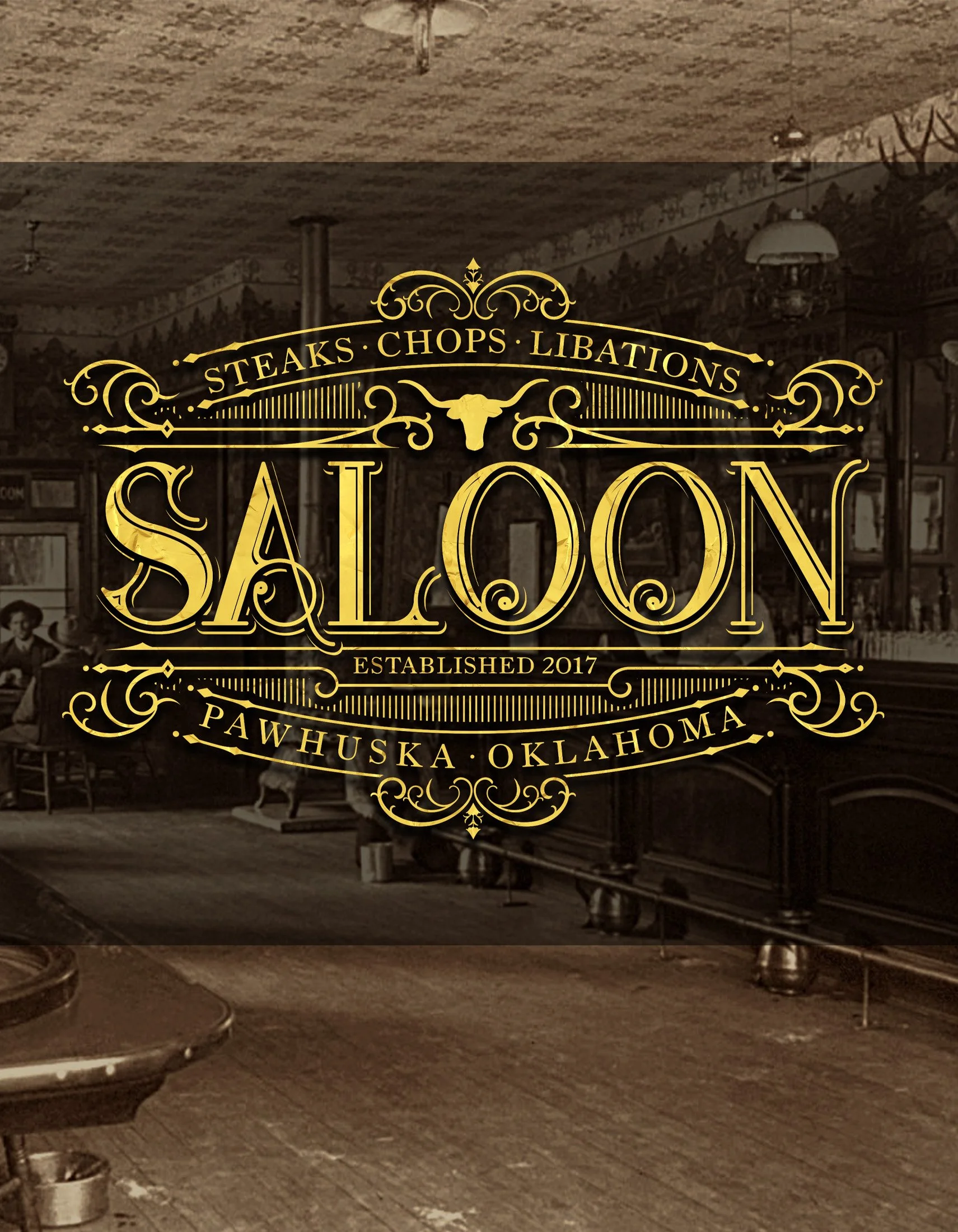 The Pioneer Woman Saloon' that offers steaks, chops, libations, and is located in Pawhuska, Oklahoma, established in 2017. The interior features wooden flooring, antique light fixtures, and wooden furniture.