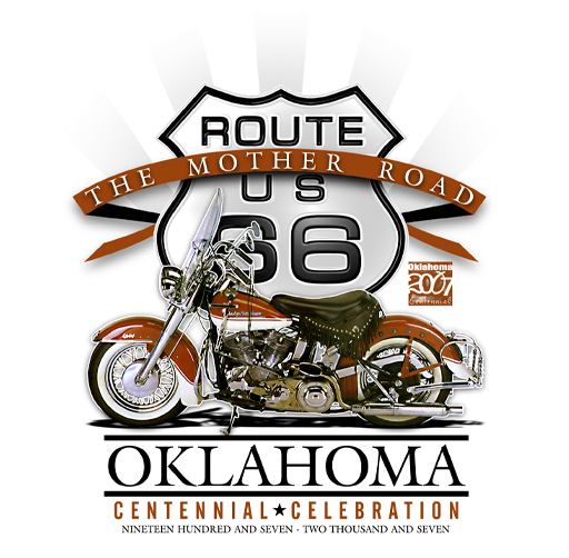 Celebration of Route 66 centennial in Oklahoma featuring a vintage motorcycle and a Route 66 sign with the text 'The Mother Road' and 'Oklahoma 200th Anniversary'.