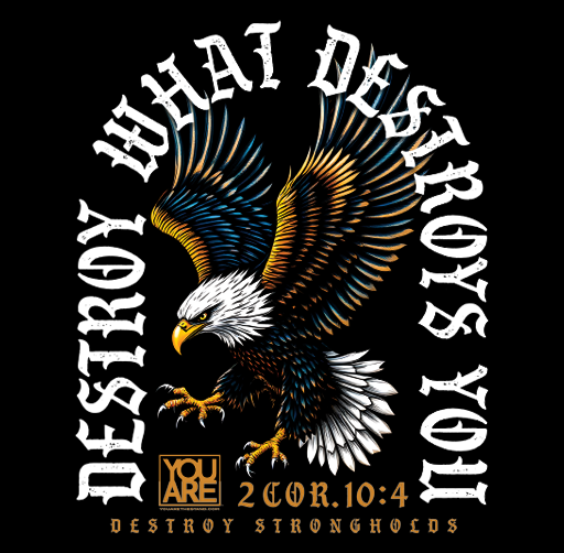 "YOU ARE", apparel design illustration of a fierce bald eagle with outstretched wings above the text "Destroy What Destroy You" and a Bible verse reference, Ephesians 6:10-4, with the phrase "Destroy Strength & Destroy" at the bottom.