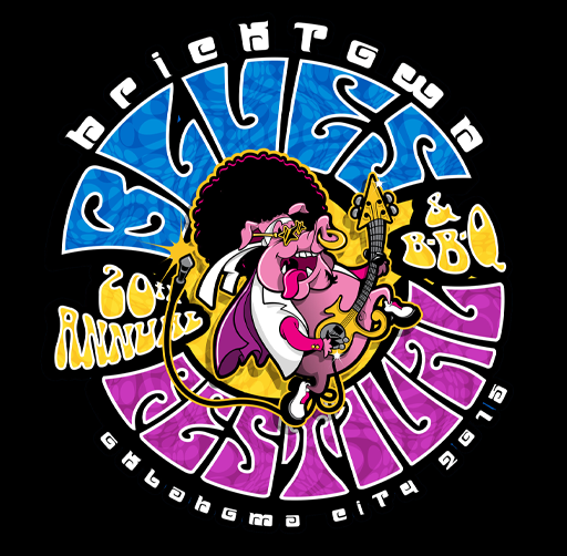 Colorful circular emblem featuring a pink centaur playing guitar, with text around it reading 'Oklahoma City' and 'BBQ 20th Anniversary'.