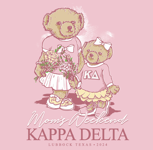 Apparel design illustration of two teddy bears, one larger holding flowers, and a smaller bear wearing a bow, both dressed in pink outfits, with text 'Mom's Weekend Kappa Delta Lubbock Texas 2024' on a pink background.