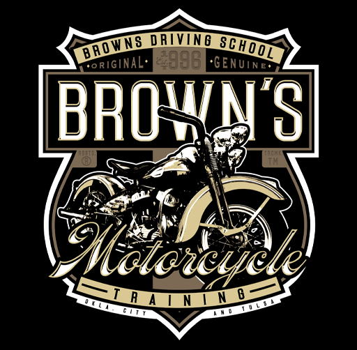 Apparel design with a vintage motorcycle and text that reads 'Brown's Motorcycle Training,' 'Browns Driving School,' and locations in Oklahoma City and Tulsa.